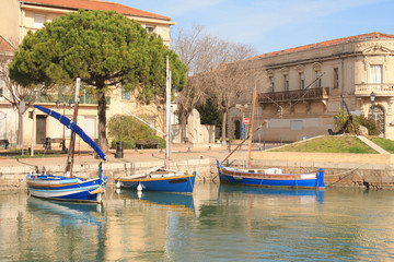 Fototapeta na wymiar Traditional boats in Frontignan, a seaside resort in the Mediterranean sea, Herault, Occitanie, France
