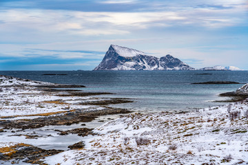 idyllic winter landscape on Sommarøy Archipelago in northern Norway, near Tromsoe