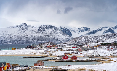 idyllic winter landscape on Sommarøy Archipelago in northern Norway, near Tromsoe