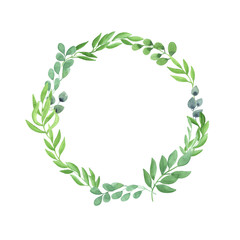 watercolor illustration round frame of green swamp branches with leaves on a white background. spring summer mood. space for text. cards, design, for wedding, greetings, wallpaper background.