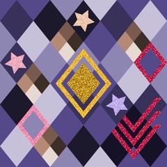 Fototapeta premium Seamless vector pattern with glitter elements on violet background. Patchwork print.