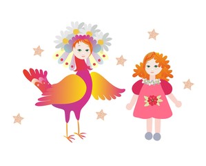 Magic bird Sirin and little girl on white background. Fairytale vector illustration.