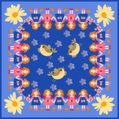 Beautiful square card with cute little girls, flowers and birds. Print for napkin, pillowcase. Pretty design for children.