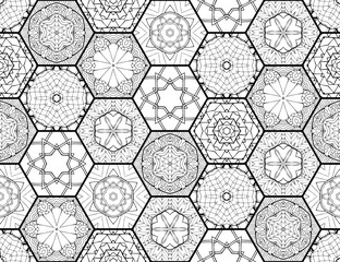 Seamless pattern with black and white hexagonal tiles. Patchwork background. Beautiful ornament with oriental motifs. - obrazy, fototapety, plakaty