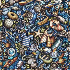 Cartoon cute doodles hand drawn Marine seamless pattern.