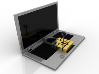 3d illustration Safety concept: Closed Padlock with laptop on digital background