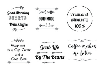 Set of Calligraphy Quotes Sayings for print about coffee. Printable design for cups