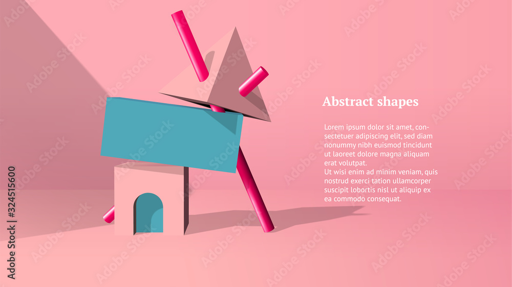 Poster Abstract 3D objects or elements installation balancing in the pink room for a booklet of banner