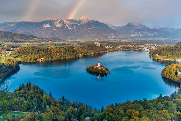 Lake Bled Slovenia with a Rainbow in the Sky