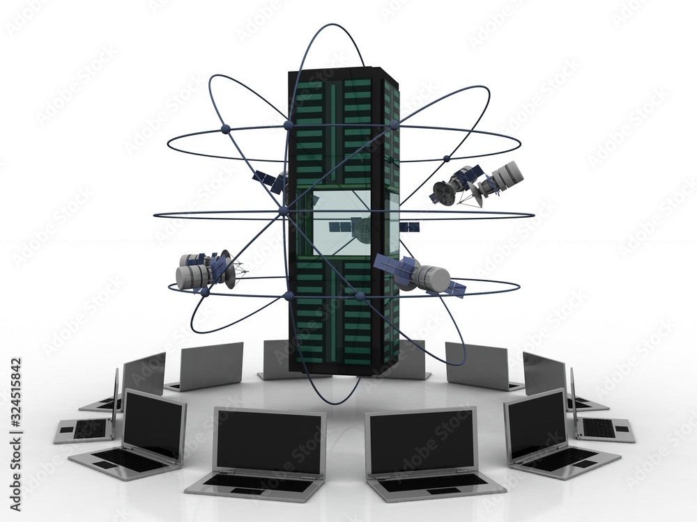 Poster 3d illustration space satellite orbit with database around computer network