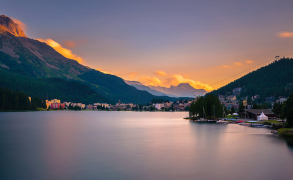 Sunset above St. Moritz with lake and Swiss Alps in Switzerland