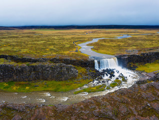Aerial view of the Oxarafoss waterfalls in Iceland