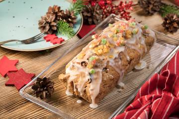 Traditional Christmas cake with candied fruit, raisins and fruits.