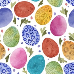 Easter pattern. Seamless background with different Easter eggs and plant elements. Spring holiday. Watercolor. Hand drawn