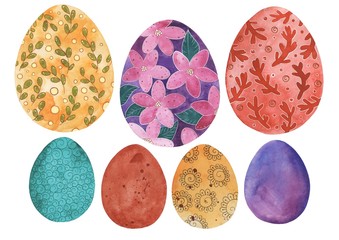 Easter set of different eggs. Ornaments and patterns. Spring holiday. Watercolor. Hand drawn