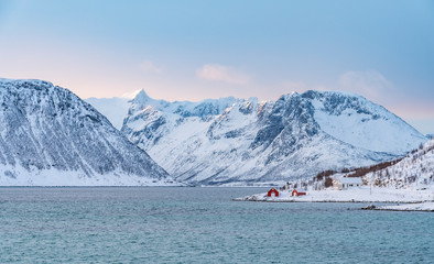 Winter landscape on Vengsøy Island in northern Norway near Tromsoe