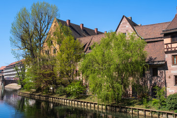 Fototapeta na wymiar Blick auf historische Häuser am Fluss Pegnitz in Nürnberg/Deutschland
