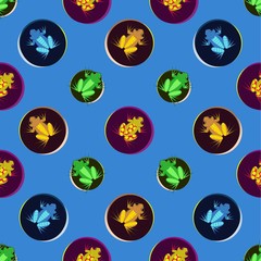 Green, orange and blue frogs sit on colored circles on a blue background