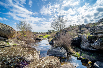 Pequeño estanque en un día con nubes y claros