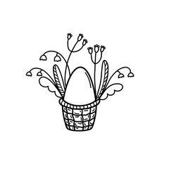 Easter egg in a wicker basket with flowers on a white background.  Black and white cute easter composition for greeting cards, children's coloring book.