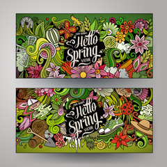 Cartoon cute colorful vector hand drawn doodles Spring season banners