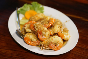 Stir fried prawn with salt sauce, Traditional Thai food recipe, Most popular in Thailand.