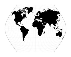 World map with graticule lines. Ginzburg VIII projection. Plan world geographical map with graticlue lines. Vector illustration.