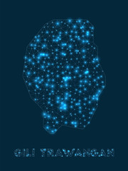 Gili Trawangan network map. Abstract geometric map of the island. Internet connections and telecommunication design. Vibrant vector illustration.