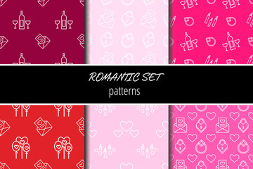Romantic seamless patterns with white elements on the pink, red and maroon backgrounds. Valentine day ornaments. Usable for wedding invitations, cards, wrapping paper, packet. Vector illustration