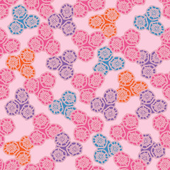 Lace Decor-Flowers in Bloom,Seamless Repeat Pattern. Colourful lace shapes Pattern Background. Surface Repeat Pattern Design in pink, purple blue and white . Perfect for Fabric, Scrap book,