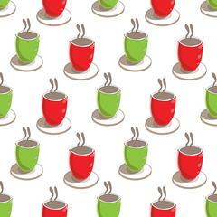 Coffee Cups-Garden Tea Party,Seamless Repeat Pattern. Pattern background. Surface pattern design of coffie cups in red green and white. Perfect for fabric, Scrapbook,gift wrapping paper.