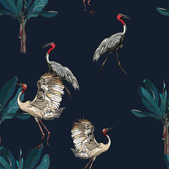 Oriental Seamless Pattern Exotic Crane Birds in Palms, Night Jungle Tropical Plants, Dramatic Midnight Tropics Wallpaper 