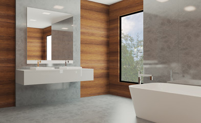 Fototapeta na wymiar Bathroom with wood paneling on the walls. modern sink. marble floor. 3D rendering.