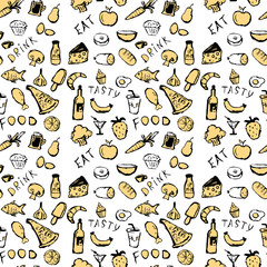 seamless pattern with food icons on white background. doodle food vector illustration. black and white drawing