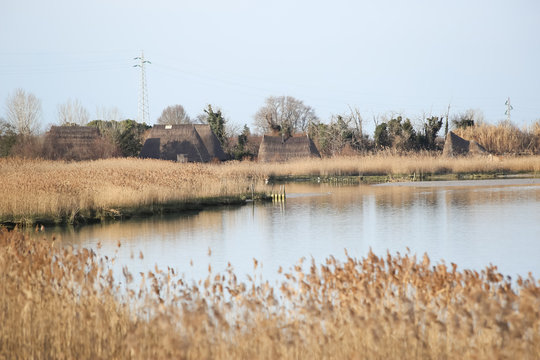 caorle, italy, 02/16/2020 , View of Caorle's lagoon, a famous touristic spot in the adriatic sea coast line.