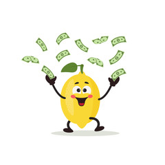 A cute lemon kawaii character in the style of a cartoon with money. Funny food. Vector illustration Use for cards, fridge magnets, stickers, posters, stiker