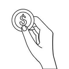 hand with coin dollar money line style vector illustration design