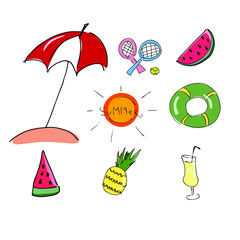 Summe doodle SET. colorful set card: watermelon, cocktail, rubber ring, umbrella, text, pineapple, tennis