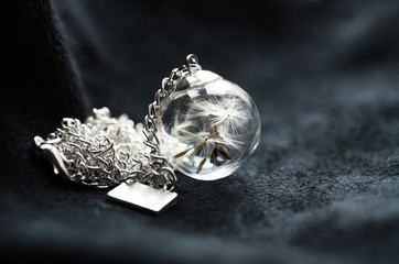 Pendant made of dandelion seeds in a glass sphere against a black canvas, close-up shot