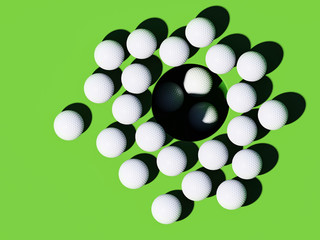 Golf balls around a hole on green background with three balls in a cup; top view; golf balls on the lip of a cup as spectators 3d rendering, 3d illustration