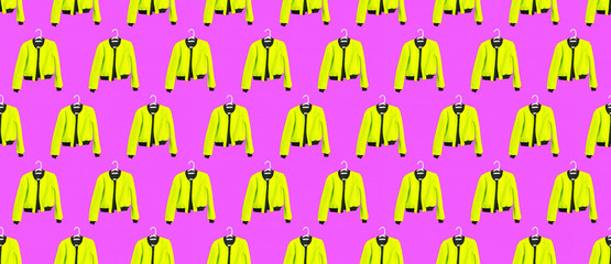 Seamless Pattern stylish acid jacket on pink background.  Fashion blog or magazine concept Minimalistic clothing background Urban Style