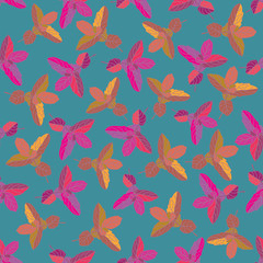 Mint Fantasy-Wild Leaves Seamless Repeat Pattern. Colourful Mint leaves pattern background in pink,orange and green. Surface pattern Design. Perfect for Fabric, Scrapbook,wallpaper