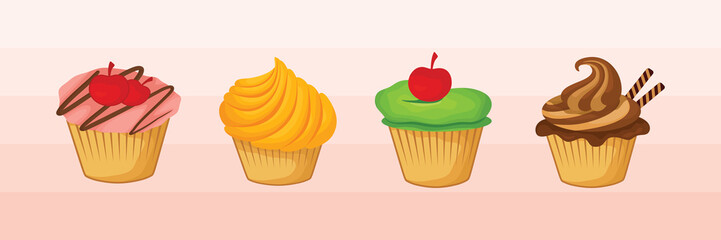 Set of Sweet cupcake Vector, Cute cupcake vector illustration