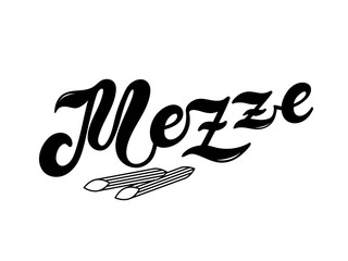 Mezze. The name of the type of pasta in Italian. Hand drawn lettering. Vector illustration. Illustration is great for restaurant or cafe menu design.