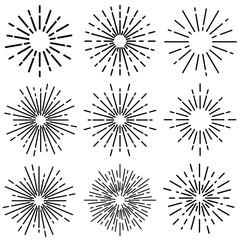 Vintage Sunburst icon vector set. Explosion Hand drawn illustration sign collection. Elements Fireworks, Black Rays.