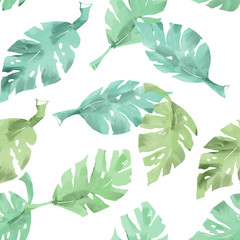 Seamless pattern - green and blue leaves - nature wallpaper or background