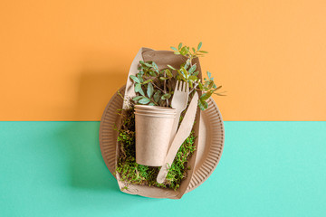Eco-friendly, disposable, recyclable tableware on a colored background .