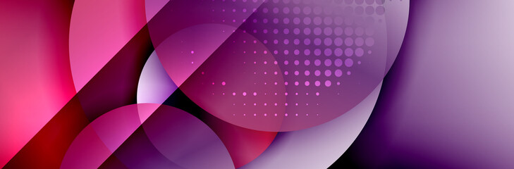 Dynamic trendy geometrical abstract background. Circles, round shapes 3d shadow effects and fluid gradients. Modern overlapping round forms