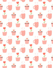 Hand drawn seamless vector pattern with flower pot, mug cup, cupcake with heart, on a white background. Scandinavian style flat design. Concept Valentines day textile print, wrapping paper, packaging.