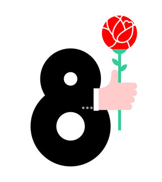 8 March. Man hand in jacket gives roses. Holiday symbol. Eight emblem. Congratulations hand flower. International Womens Day.